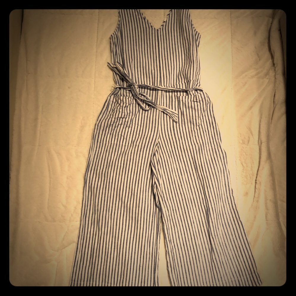 Seersucker Blue and White Ankle Romper/Jumpsuit